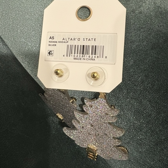 Altar'd State Glitter Christmas Tree Earrings Silver Holiday Party Statement - Picture 7 of 10